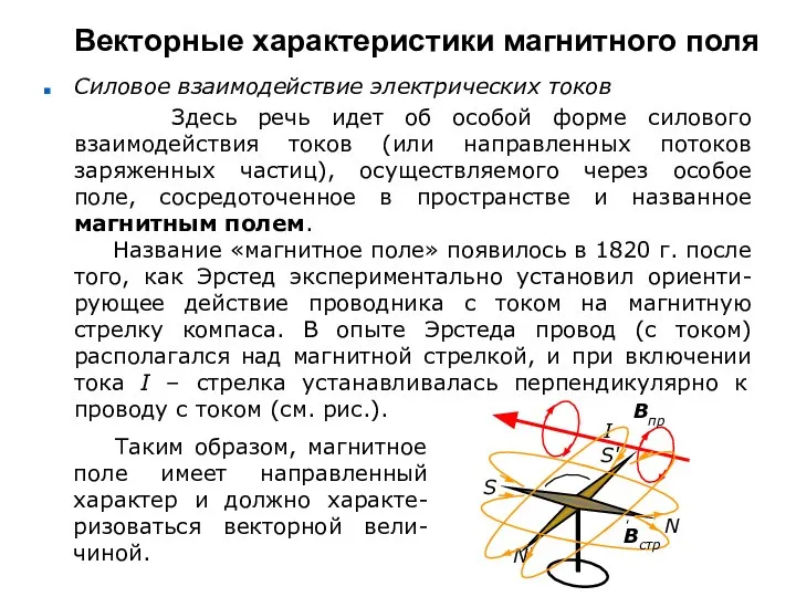 Векторные характеристики магнитного поля Силовое взаимодействие электрических токов Здесь речь идет