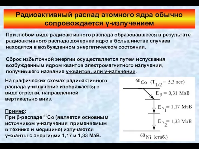 Радиоактивный распад атомного ядра обычно сопровождается γ-излучением При любом виде радиоактивного