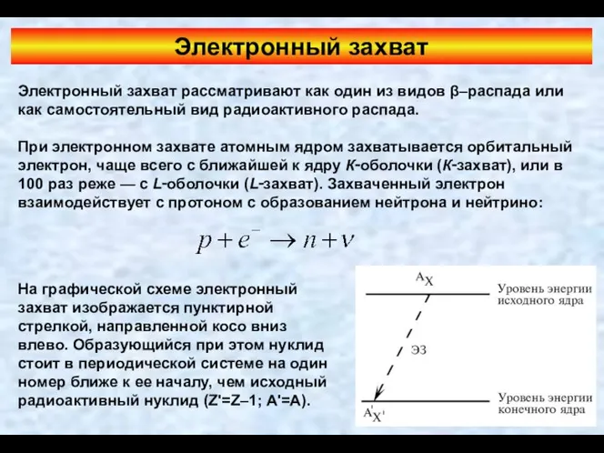 Электронный захват Электронный захват рассматривают как один из видов β–распада или