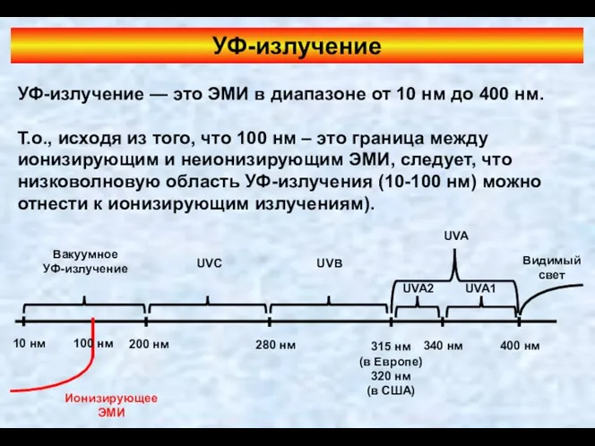 УФ-излучение УФ-излучение — это ЭМИ в диапазоне от 10 нм до