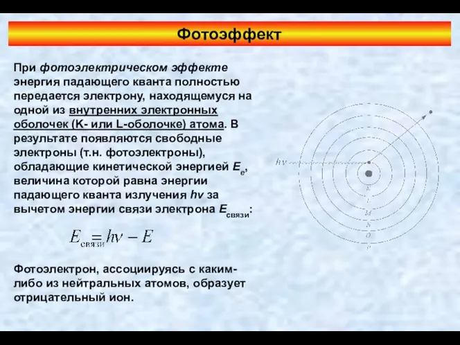 Фотоэффект При фотоэлектрическом эффекте энергия падающего кванта полностью передается электрону, находящемуся