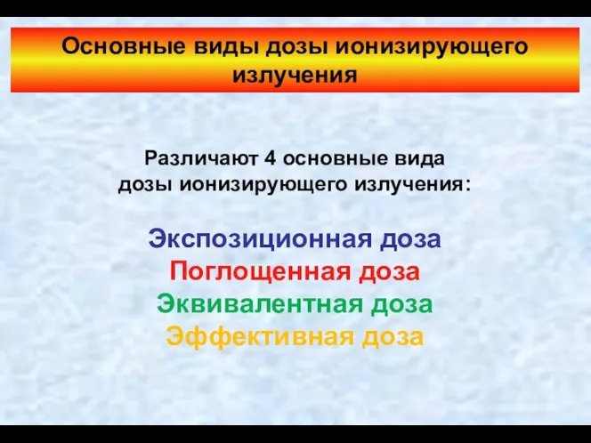 Основные виды дозы ионизирующего излучения Различают 4 основные вида дозы ионизирующего