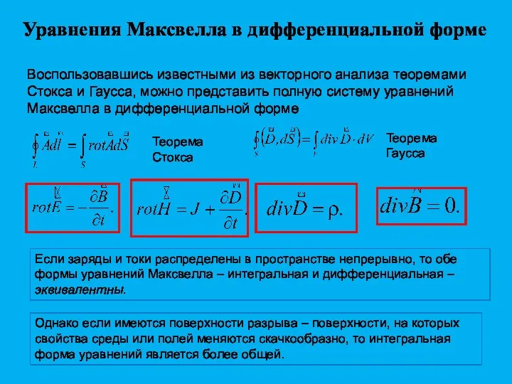 Уравнения Максвелла в дифференциальной форме Воспользовавшись известными из векторного анализа теоремами