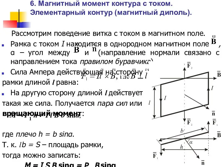 6. Магнитный момент контура с током. Элементарный контур (магнитный диполь). Рассмотрим