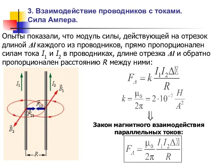 Опыты показали, что модуль силы, действующей на отрезок длиной Δl каждого