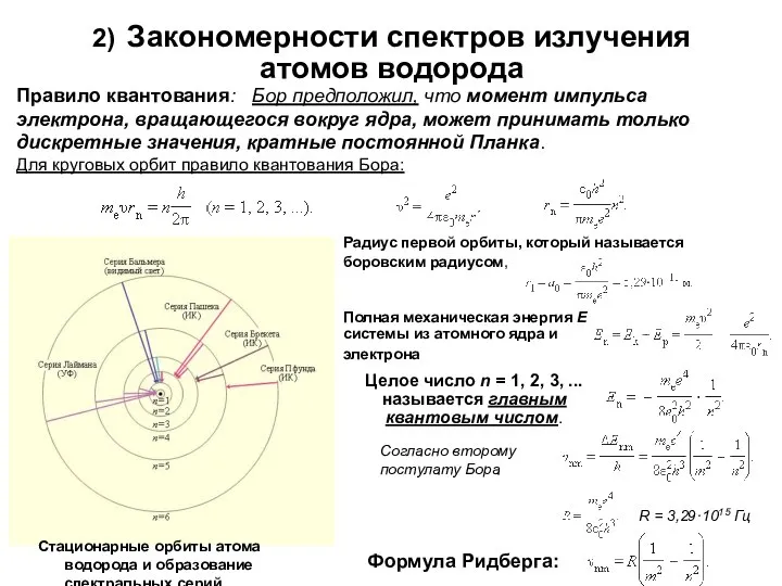 2) Закономерности спектров излучения атомов водорода Правило квантования: Бор предположил, что