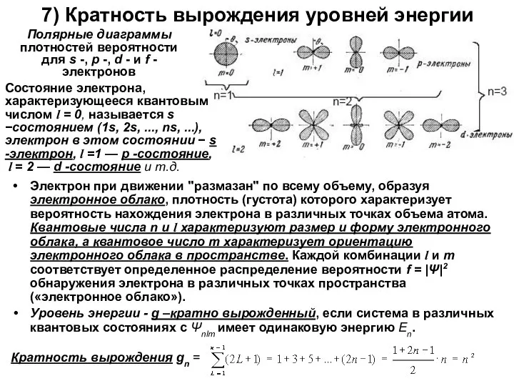 7) Кратность вырождения уровней энергии Электрон при движении "размазан" по всему