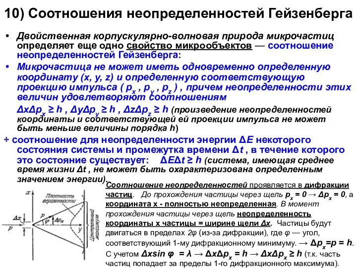 10) Соотношения неопределенностей Гейзенберга Двойственная корпускулярно-волновая природа микрочастиц определяет еще одно