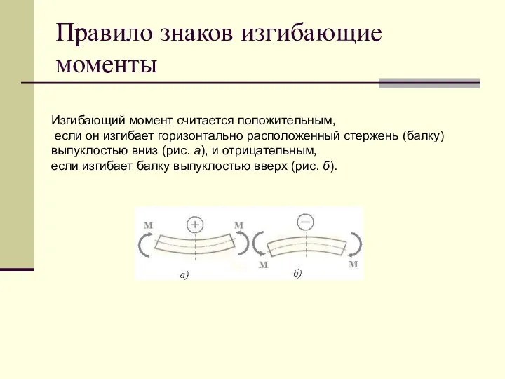 Правило знаков изгибающие моменты Изгибающий момент считается положительным, если он изгибает