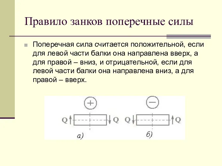 Правило занков поперечные силы Поперечная сила считается положительной, если для левой