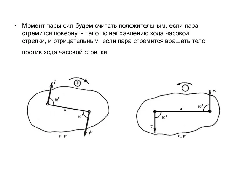Момент пары сил будем считать положительным, если пара стремится повернуть тело