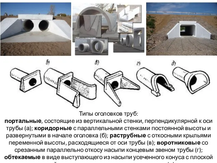 Типы оголовков труб: портальные, состоящие из вертикальной стенки, перпендику­лярной к оси