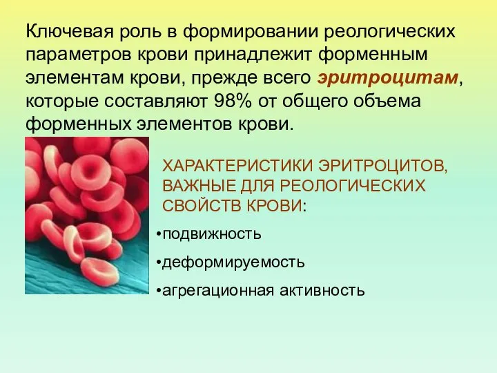 Ключевая роль в формировании реологических параметров крови принадлежит форменным элементам крови,