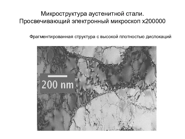 Микроструктура аустенитной стали. Просвечивающий электронный микроскоп х200000 Фрагментированная структура с высокой плотностью дислокаций