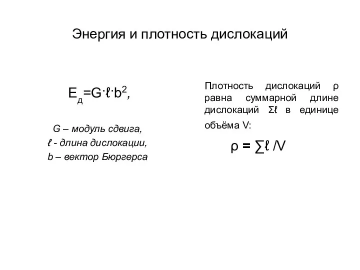 Энергия и плотность дислокаций Eд=G·ℓ·b2, G – модуль сдвига, ℓ -