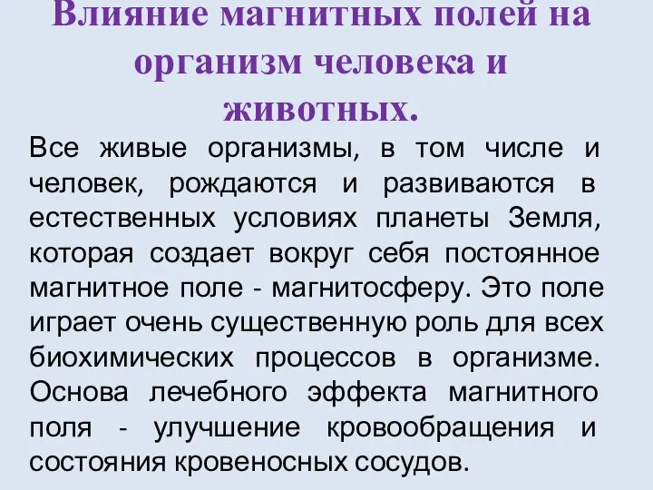 Влияние магнитных полей на организм человека и животных. Все живые организмы,