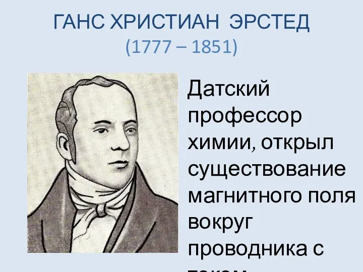 ГАНС ХРИСТИАН ЭРСТЕД (1777 – 1851) Датский профессор химии, открыл существование