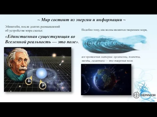 все проявления материи: организмы, планеты, звезды, галактики — это творения поля.