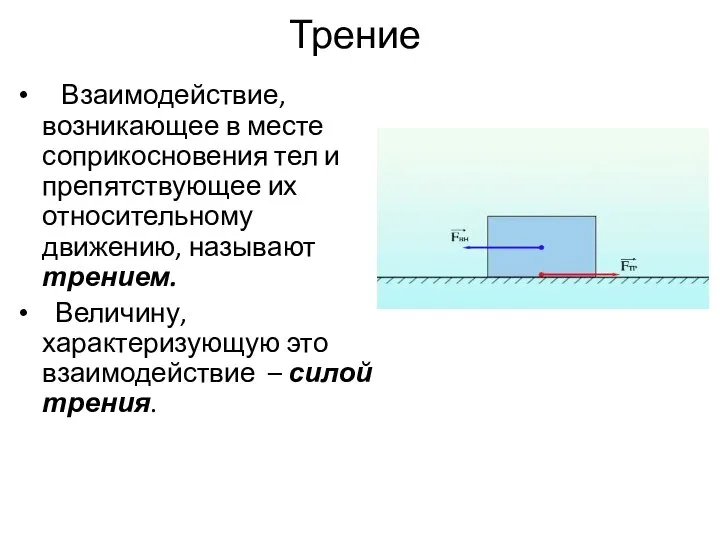 Трение Взаимодействие, возникающее в месте соприкосновения тел и препятствующее их относительному