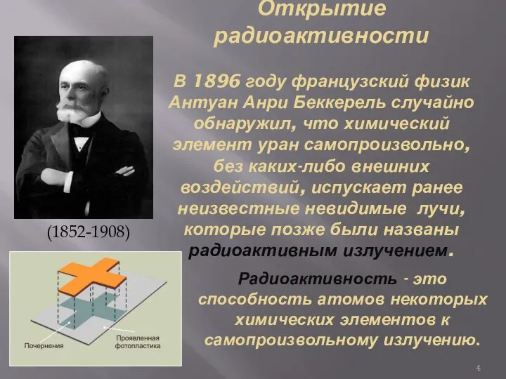 Открытие радиоактивности В 1896 году французский физик Антуан Анри Беккерель случайно