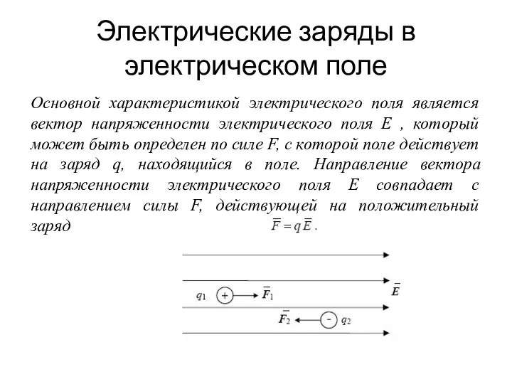 Электрические заряды в электрическом поле Основной характеристикой электрического поля является вектор