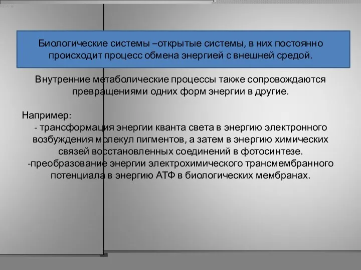 Биологические системы –открытые системы, в них постоянно происходит процесс обмена энергией