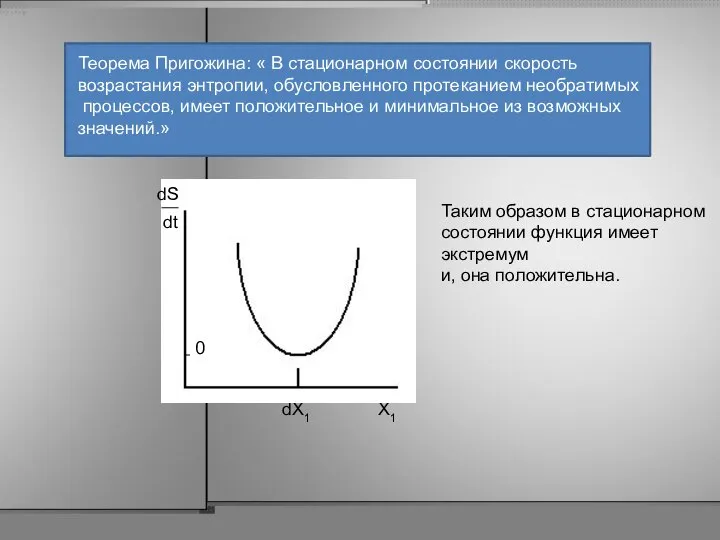 Теорема Пригожина: « В стационарном состоянии скорость возрастания энтропии, обусловленного протеканием