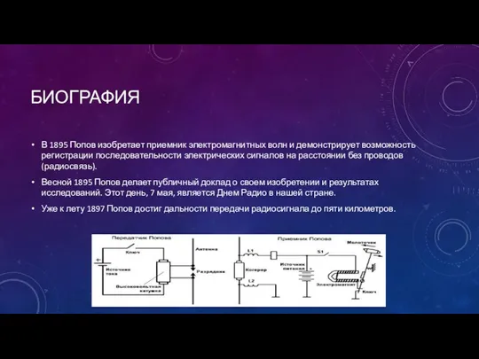 БИОГРАФИЯ В 1895 Попов изобретает приемник электромагнитных волн и демонстрирует возможность