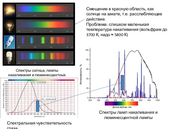 Спектры солнца, лампы накаливания и люминесцентных ламп Смещение в красную область,