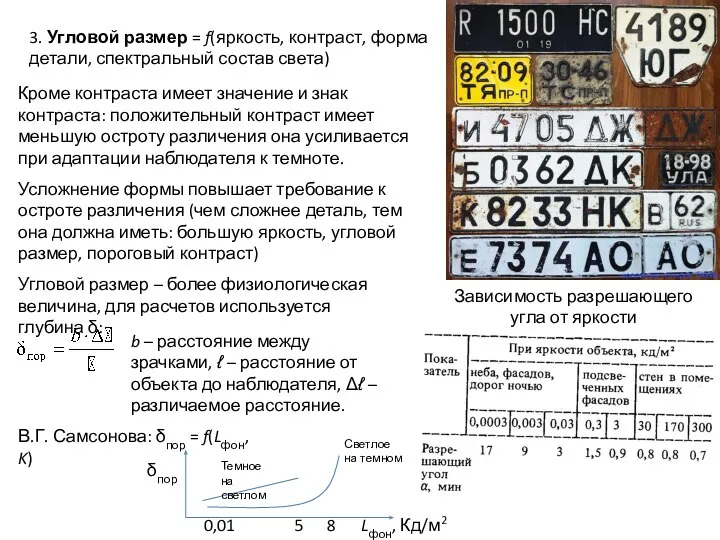 3. Угловой размер = f(яркость, контраст, форма детали, спектральный состав света)