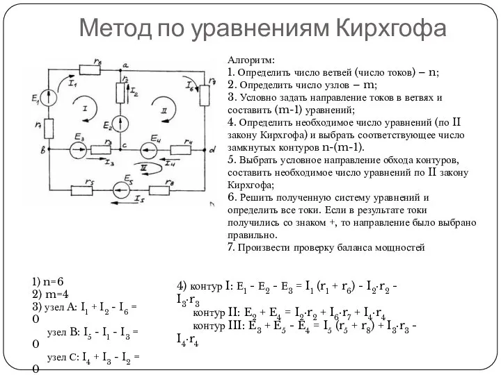 Метод по уравнениям Кирхгофа Алгоритм: 1. Определить число ветвей (число токов)