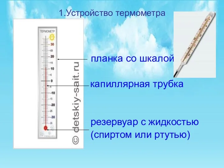 1.Устройство термометра планка со шкалой ……… капиллярная трубка резервуар с жидкостью (спиртом или ртутью)