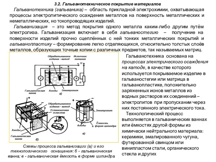 3.2. Гальванотехническое покрытие материалов Гальванотехника (гальваника) – область прикладной электрохимии, охватывающая