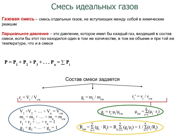 Смесь идеальных газов Газовая смесь – смесь отдельных газов, не вступающих