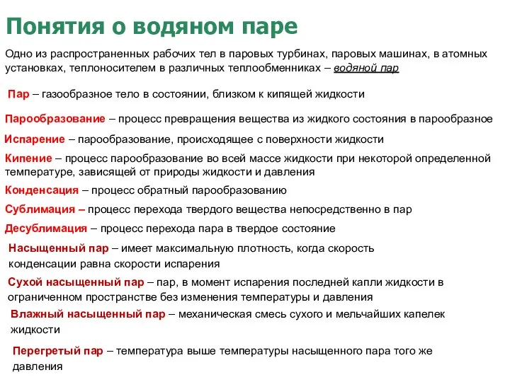 Понятия о водяном паре Одно из распространенных рабочих тел в паровых