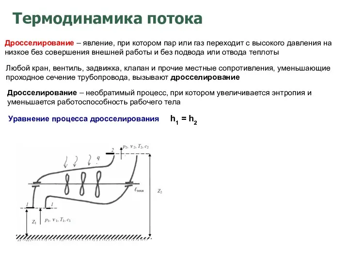 Термодинамика потока Дросселирование – явление, при котором пар или газ переходит