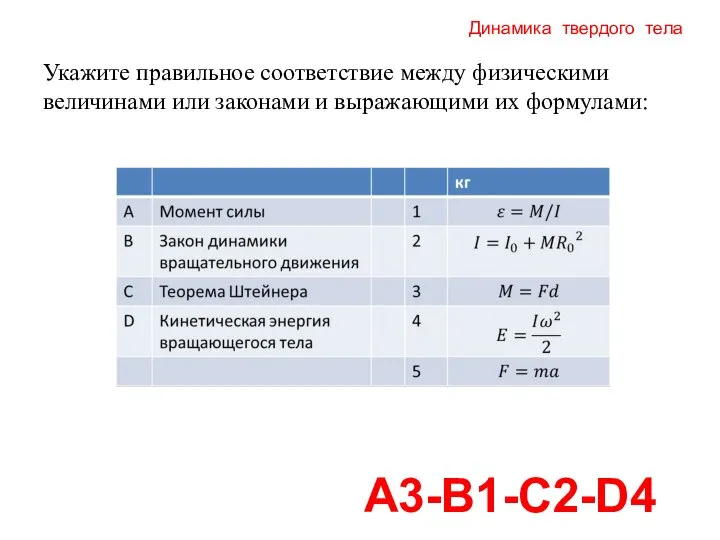 Динамика твердого тела А3-В1-С2-D4 Укажите правильное соответствие между физическими величинами или законами и выражающими их формулами: