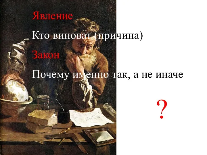 Явление Кто виноват (причина) Закон Почему именно так, а не иначе ?