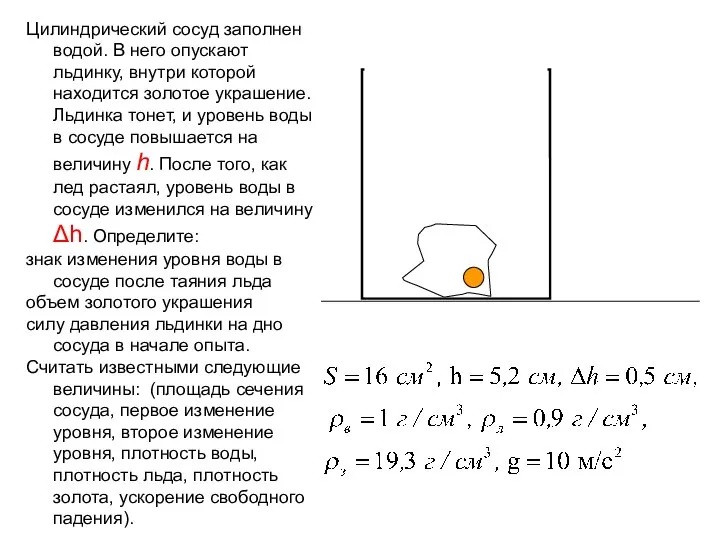 Цилиндрический сосуд заполнен водой. В него опускают льдинку, внутри которой находится