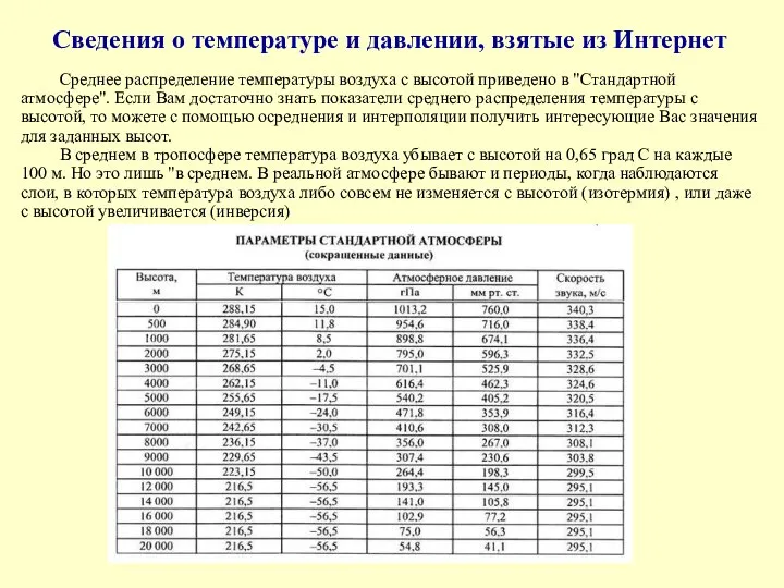 Среднее распределение температуры воздуха с высотой приведено в "Стандартной атмосфере". Если