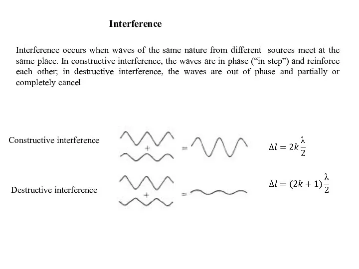 Interference Interference occurs when waves of the same nature from different