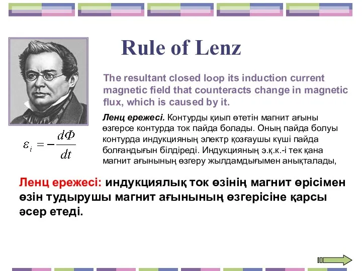 Rule of Lenz The resultant closed loop its induction current magnetic