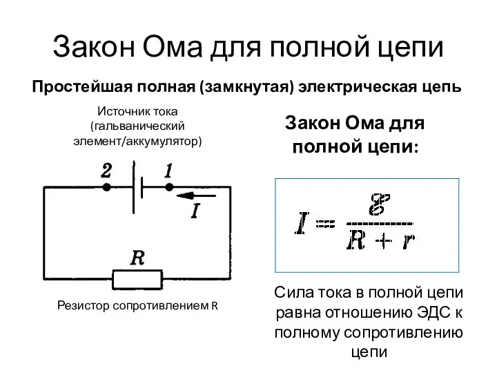 Закон Ома для полной цепи Простейшая полная (замкнутая) электрическая цепь Источник