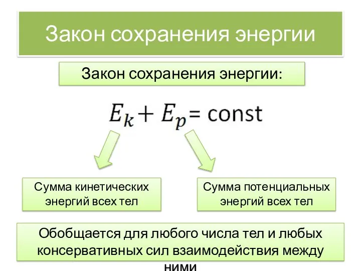 Закон сохранения энергии Обобщается для любого числа тел и любых консервативных