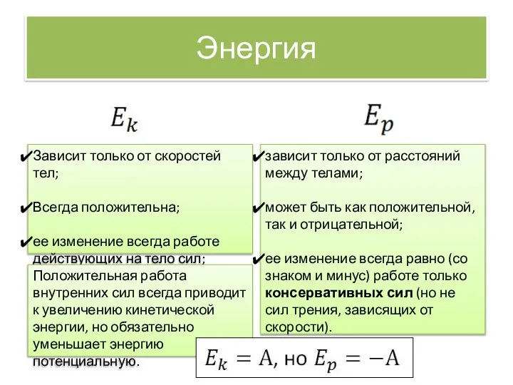 Энергия Зависит только от скоростей тел; Всегда положительна; ее изменение всегда