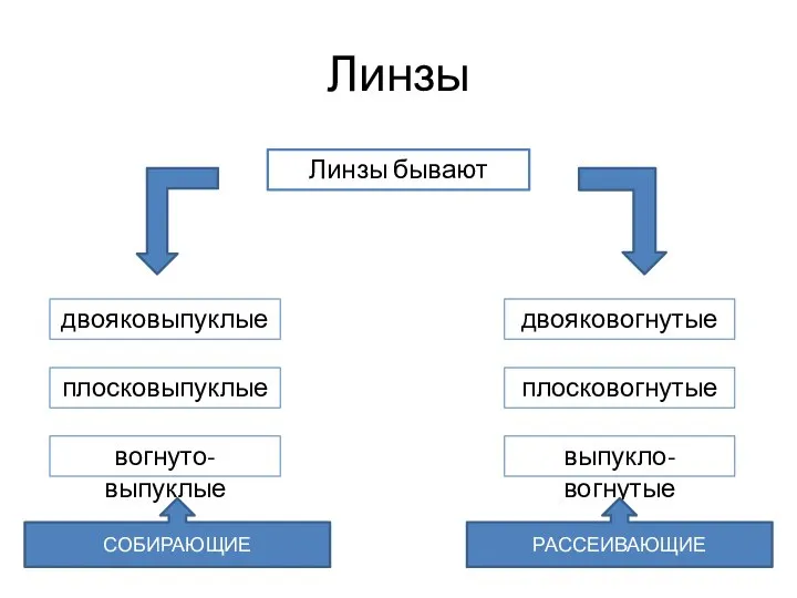 Линзы Линзы бывают двояковыпуклые двояковогнутые плосковыпуклые плосковогнутые вогнуто-выпуклые выпукло-вогнутые СОБИРАЮЩИЕ РАССЕИВАЮЩИЕ