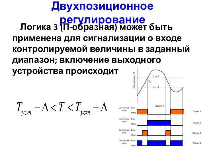 Двухпозиционное регулирование Логика 3 (П-образная) может быть применена для сигнализации о