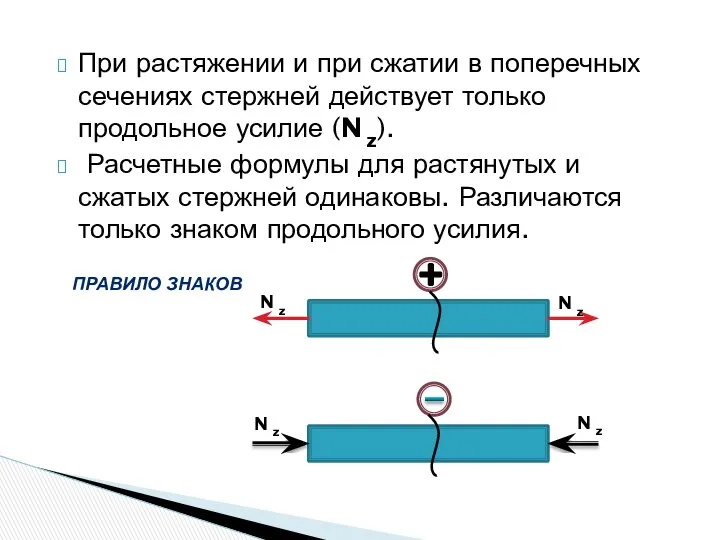 При растяжении и при сжатии в поперечных сечениях стержней действует только