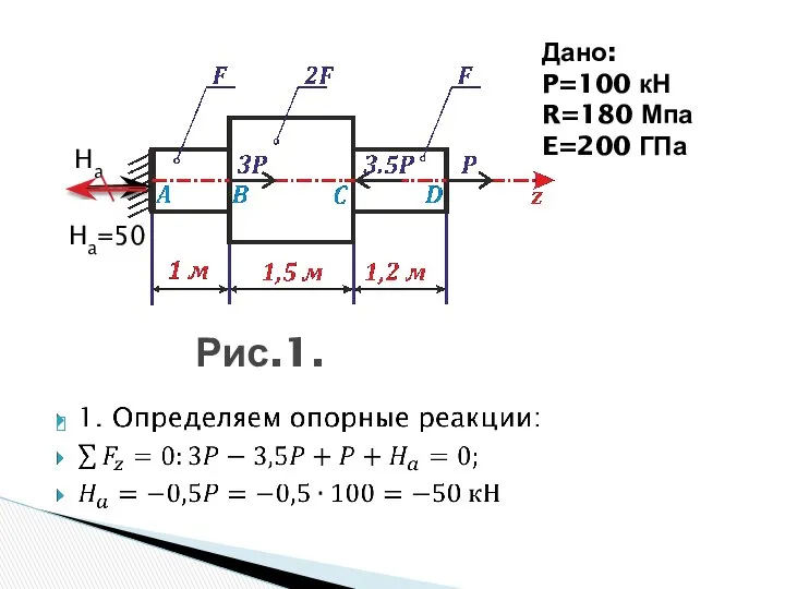 Рис.1. Дано: P=100 кН R=180 Мпа E=200 ГПа Ha Ha=50