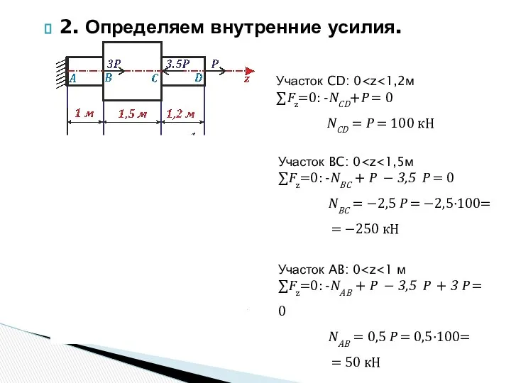 2. Определяем внутренние усилия. Участок CD: 0 ∑Fz=0: -NCD+P = 0